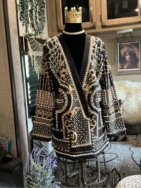 Embellished Black and Gold Pearl Beaded Jacket XXL NWOT